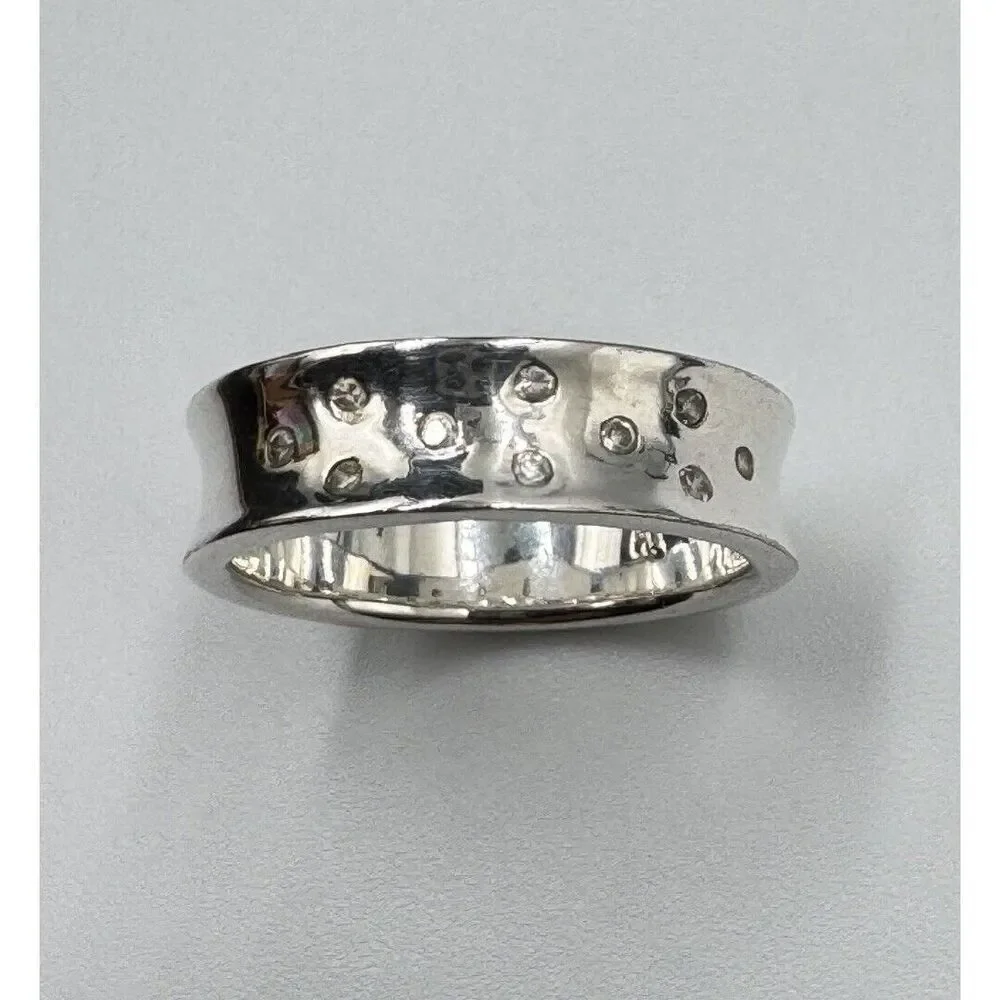 Silver Tone Scattered‎ CZ Concave Band Stackable Ring Signed TH IBB Size 6.75